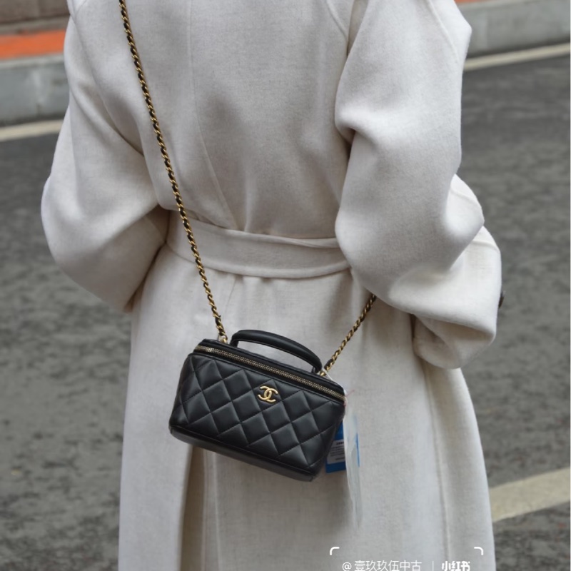 稀有提把款🥨香奈兒化妝盒Chanel黑金羊皮手提長盒子AP2199-2