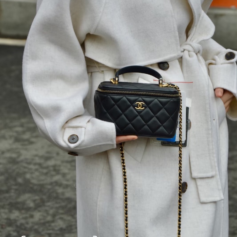 稀有提把款🥨香奈兒化妝盒Chanel黑金羊皮手提長盒子AP2199-4