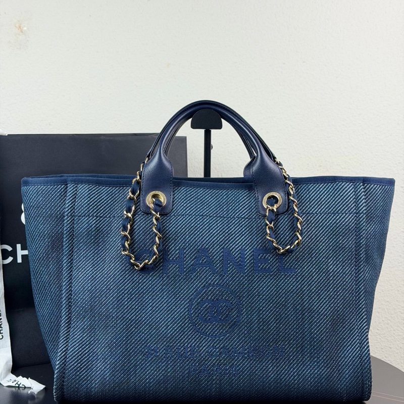 CHANEL香奈兒 雙C LOGO 牛仔沙灘包 托特包購物袋 30開 尺寸39*17*24-2