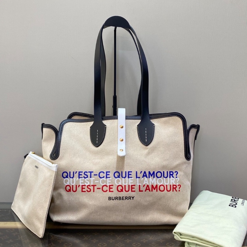 BURBERRY 帆布拼皮撞色 子母手提腋下托特包35*25*17 98新配件塵袋-1