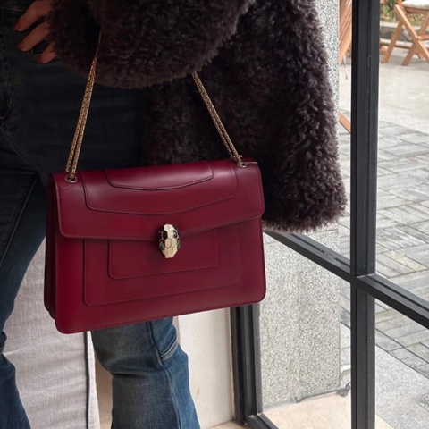 BVLGARI紅色金扣大號肩背蛇頭包27*18*6 98新配件盒子塵袋雨衣 保卡 鏡子