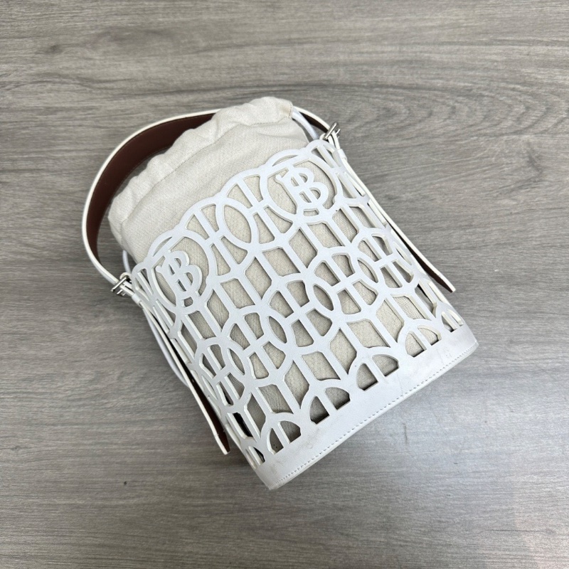 BURBERRY白色鏤空TB標識帆布水桶手提包19*19.5*13 98新配件塵袋-3