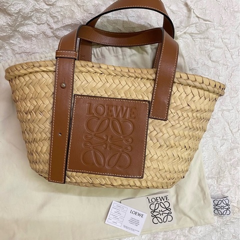LOEWE 羅威 Small Basket 小款 棕櫚葉拼小牛皮 托特包 編織包 草編包 原色/棕褐色