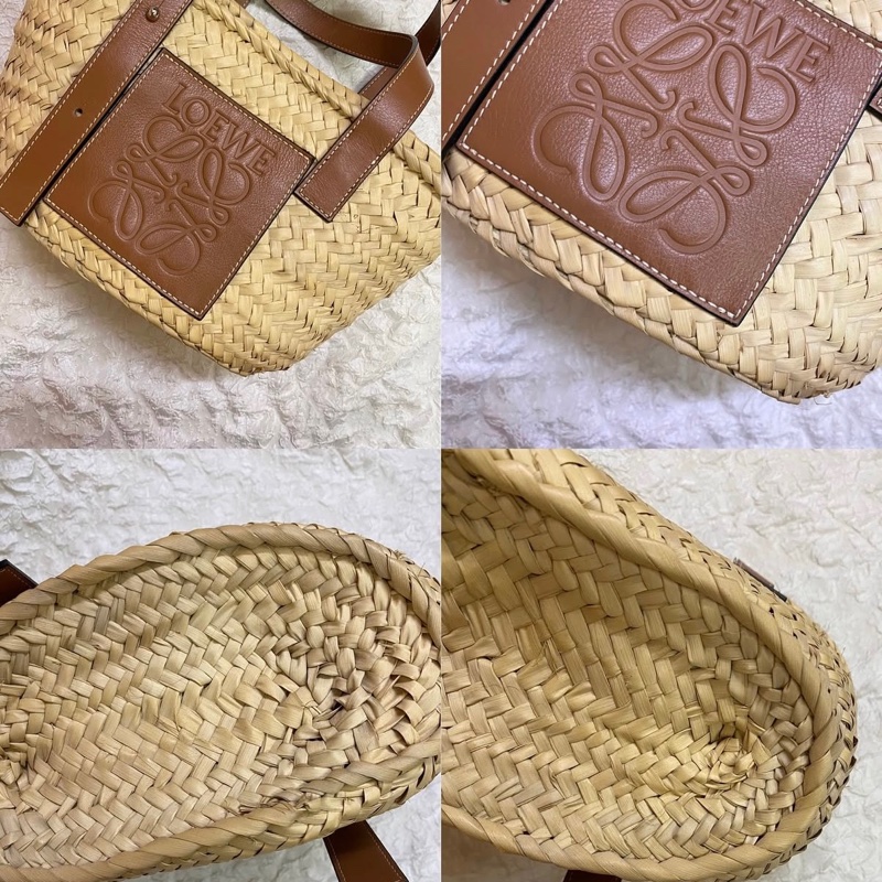 LOEWE 羅威 Small Basket 小款 棕櫚葉拼小牛皮 托特包 編織包 草編包 原色/棕褐色-1