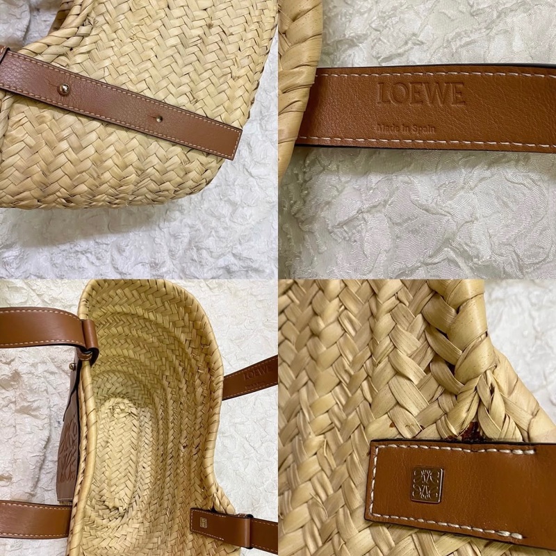 LOEWE 羅威 Small Basket 小款 棕櫚葉拼小牛皮 托特包 編織包 草編包 原色/棕褐色-3