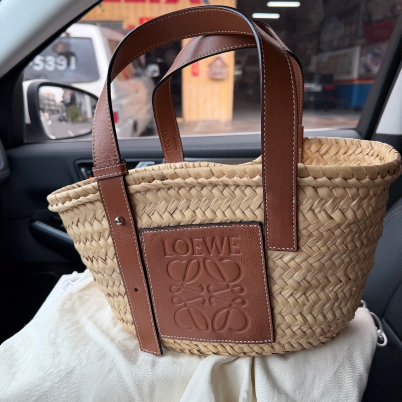 LOEWE 羅威 Small Basket 小款 棕櫚葉拼小牛皮 托特包 編織包 草編包 原色/棕褐色-6