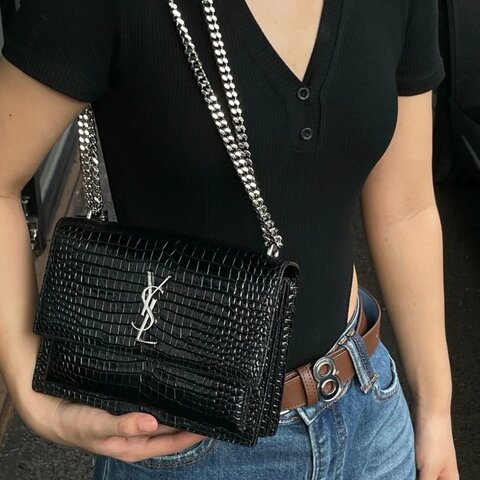 Saint Laurent - 黑色銀釦鱷魚壓紋SUNSET日落包╻中號