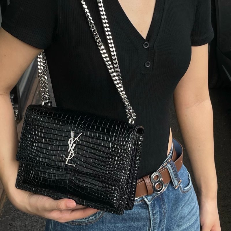 Saint Laurent - 黑色銀釦鱷魚壓紋SUNSET日落包╻中號-0