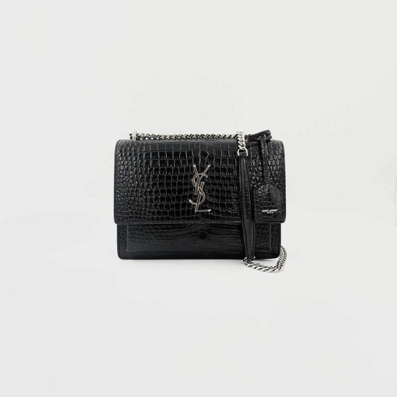 Saint Laurent - 黑色銀釦鱷魚壓紋SUNSET日落包╻中號-3