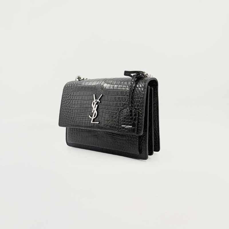 Saint Laurent - 黑色銀釦鱷魚壓紋SUNSET日落包╻中號-5