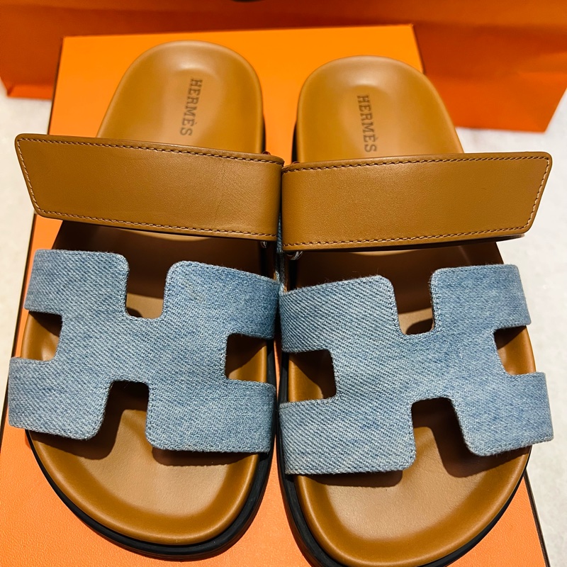 Hermes Chypre二舅拖 單寧布+牛皮/35.5-2
