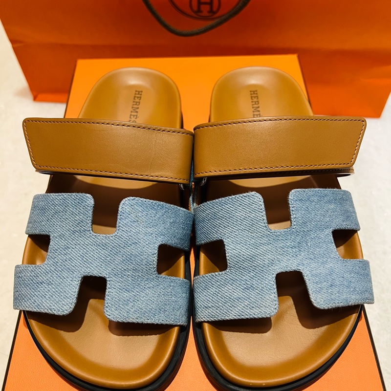 Hermes Chypre二舅拖 單寧布+牛皮/35.5-5