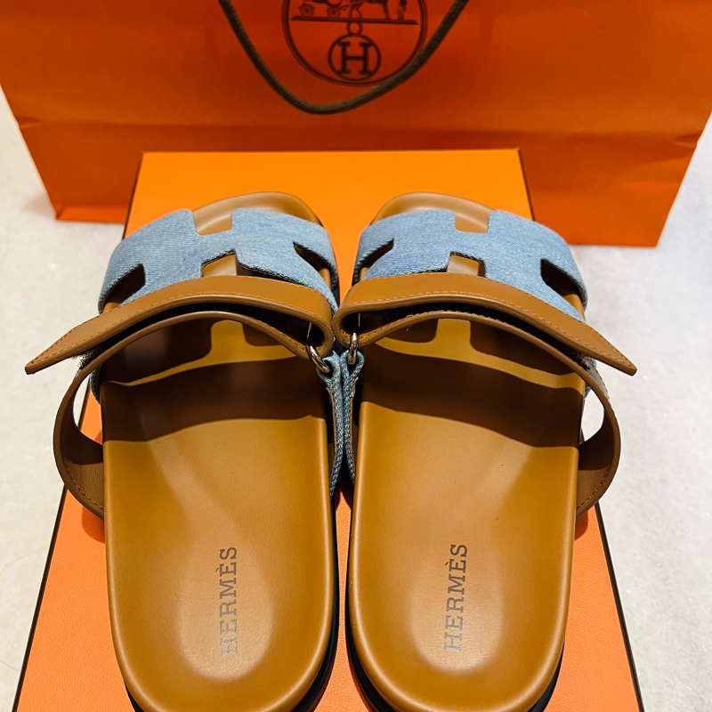 Hermes Chypre二舅拖 單寧布+牛皮/35.5-6