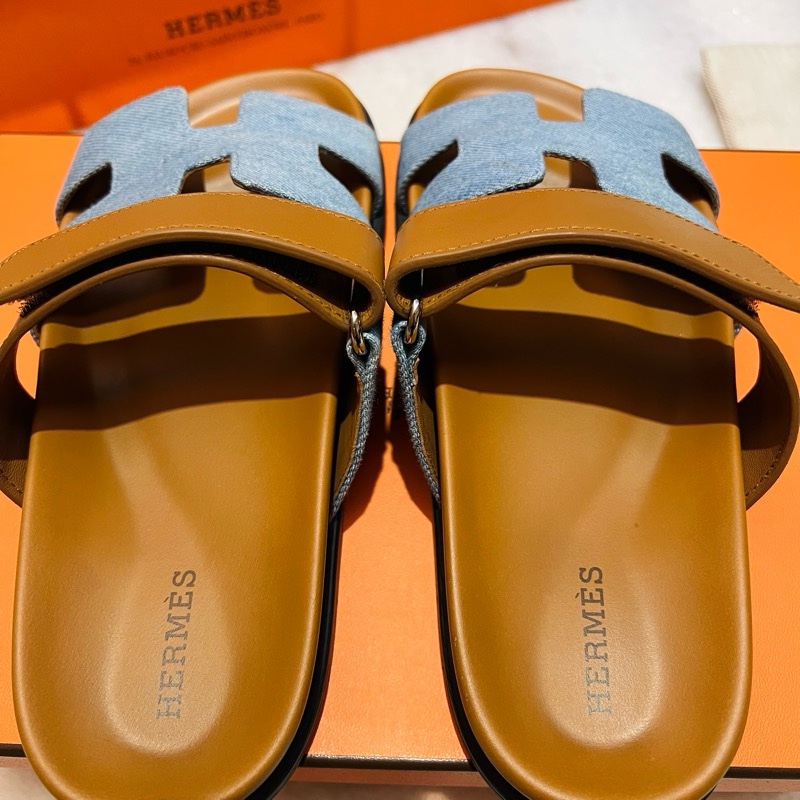 Hermes Chypre二舅拖 單寧布+牛皮/35.5-7