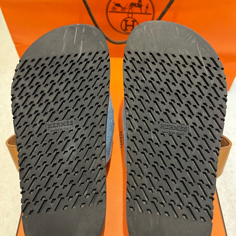Hermes Chypre二舅拖 單寧布+牛皮/35.5-8