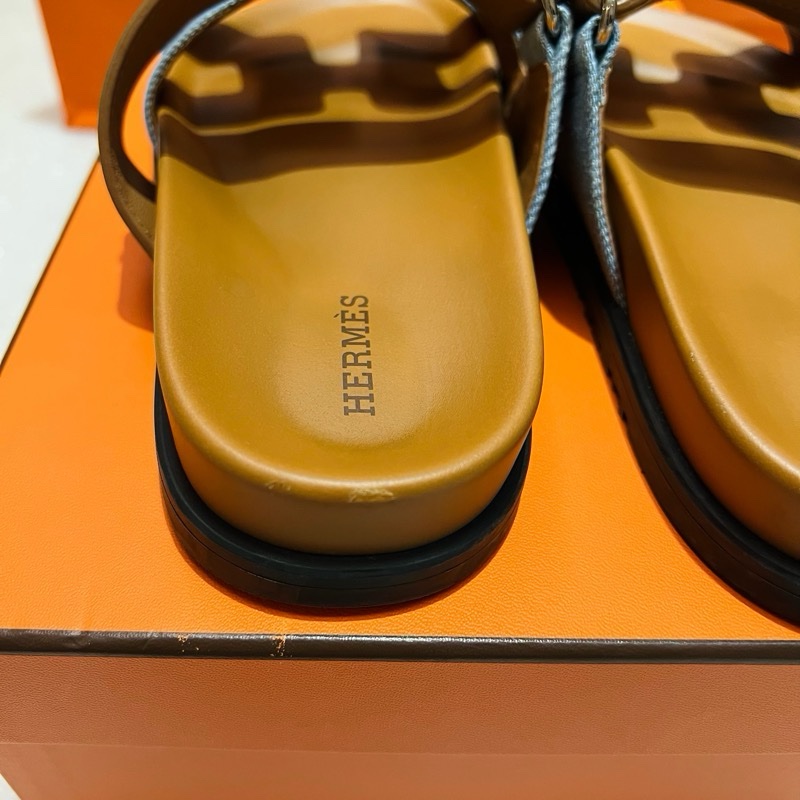 Hermes Chypre二舅拖 單寧布+牛皮/35.5-12