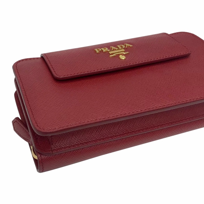 Prada 紅色鏈條長夾斜背包 稀有款｜Saffiano牛皮｜金Logo｜WOC 錢包-2