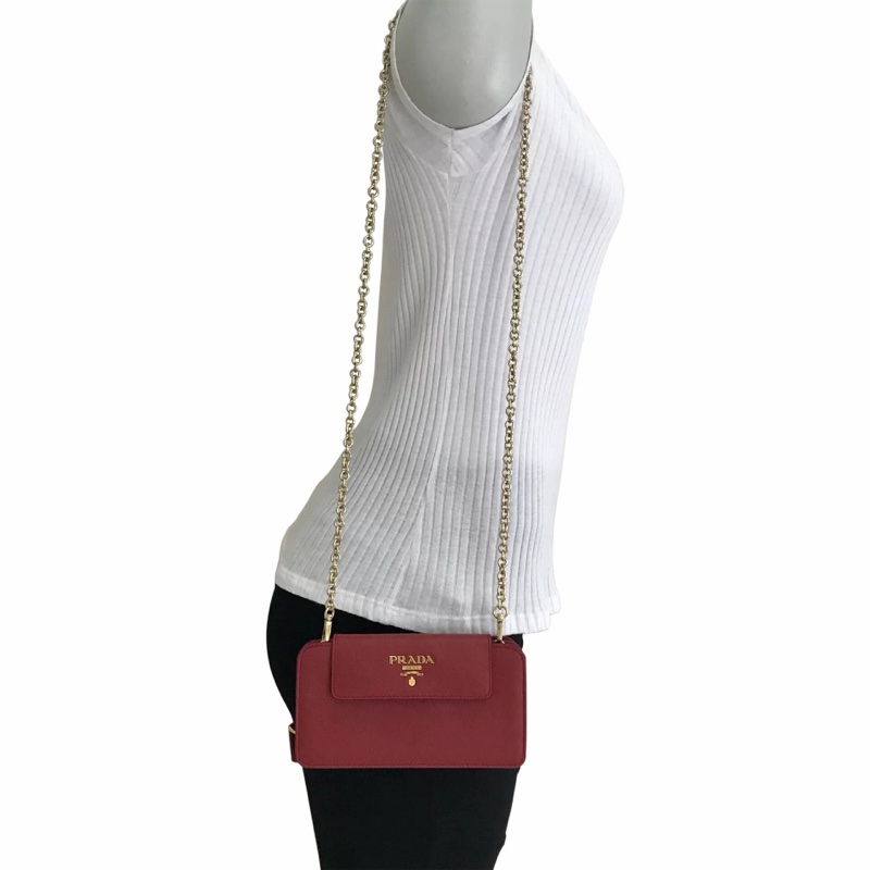 Prada 紅色鏈條長夾斜背包 稀有款｜Saffiano牛皮｜金Logo｜WOC 錢包-8
