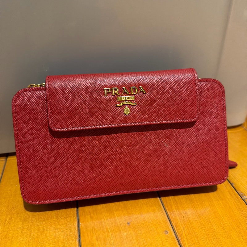 Prada 紅色鏈條長夾斜背包 稀有款｜Saffiano牛皮｜金Logo｜WOC 錢包-9