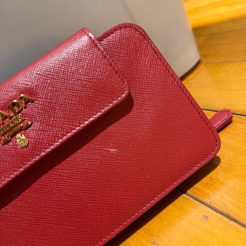 Prada 紅色鏈條長夾斜背包 稀有款｜Saffiano牛皮｜金Logo｜WOC 錢包-14