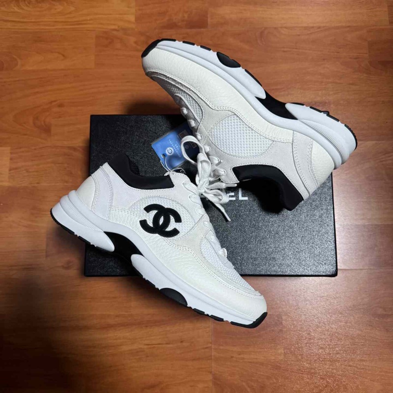 Chanel運動鞋香奈兒徽標黑白熊貓低幫跑步鞋 米白黑 37碼-8