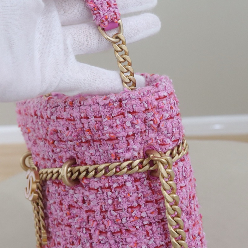 99新，香奈兒22P限定款粉色毛呢琺瑯鏈條水桶包，芯片款，尺寸18*20-5