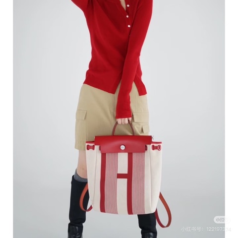 HERMES 限量款H條紋帆布拼皮 herbag31子母手提斜背包31*25*11 99新配件塵袋 鑰匙鎖