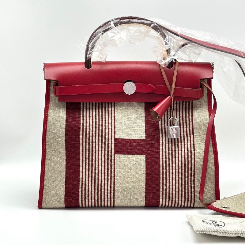 HERMES 限量款H條紋帆布拼皮 herbag31子母手提斜背包31*25*11 99新配件塵袋 鑰匙鎖-1