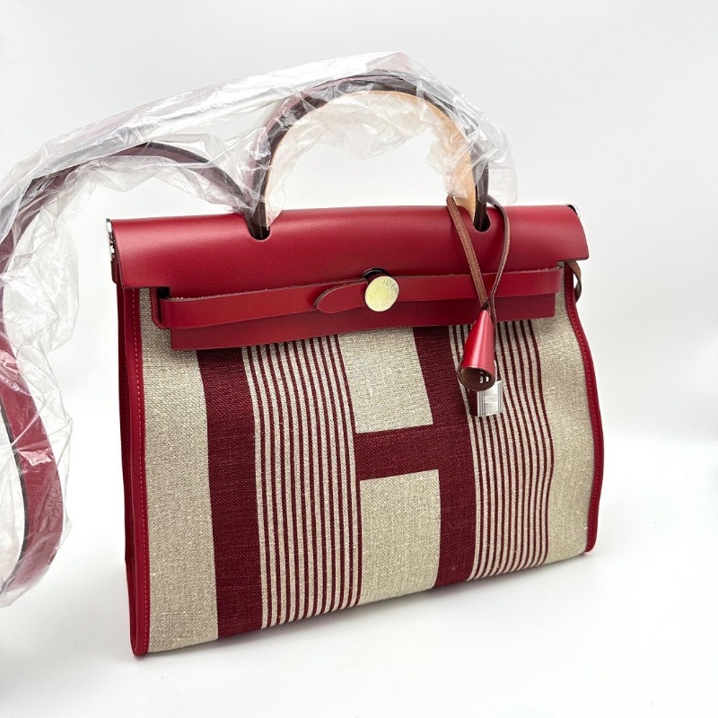 HERMES 限量款H條紋帆布拼皮 herbag31子母手提斜背包31*25*11 99新配件塵袋 鑰匙鎖-2