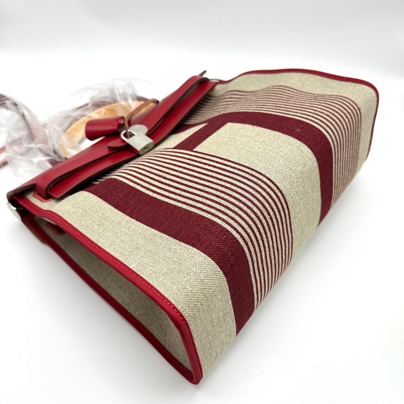 HERMES 限量款H條紋帆布拼皮 herbag31子母手提斜背包31*25*11 99新配件塵袋 鑰匙鎖-3