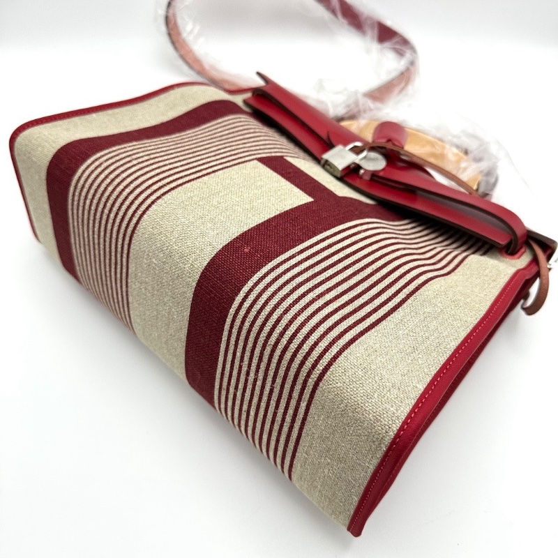 HERMES 限量款H條紋帆布拼皮 herbag31子母手提斜背包31*25*11 99新配件塵袋 鑰匙鎖-5
