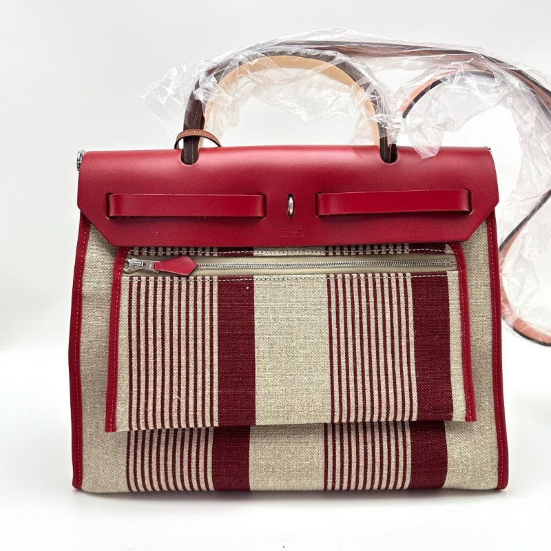 HERMES 限量款H條紋帆布拼皮 herbag31子母手提斜背包31*25*11 99新配件塵袋 鑰匙鎖-6