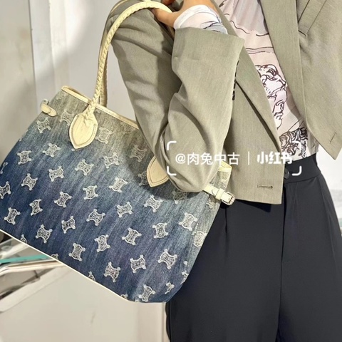 CELINE 牛仔帆布拼皮漸變 手提腋下托特包35*29*13 98新配件塵袋