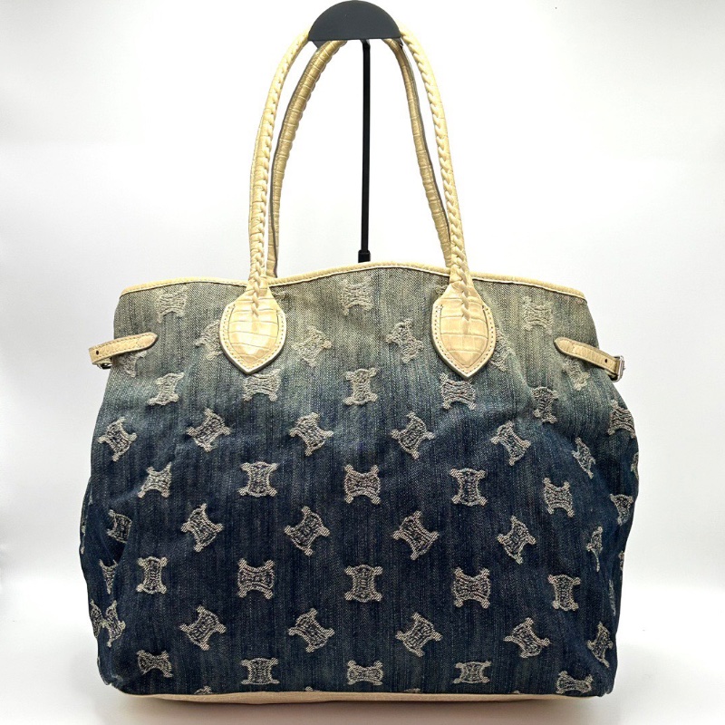 CELINE 牛仔帆布拼皮漸變 手提腋下托特包35*29*13 98新配件塵袋-1
