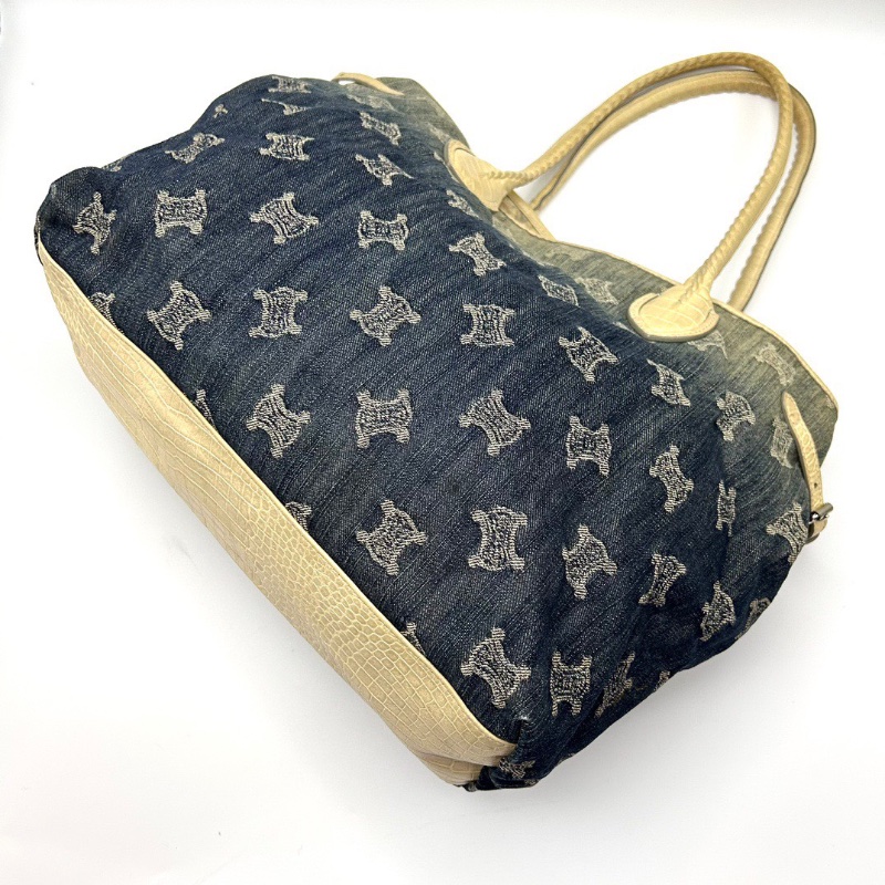 CELINE 牛仔帆布拼皮漸變 手提腋下托特包35*29*13 98新配件塵袋-3