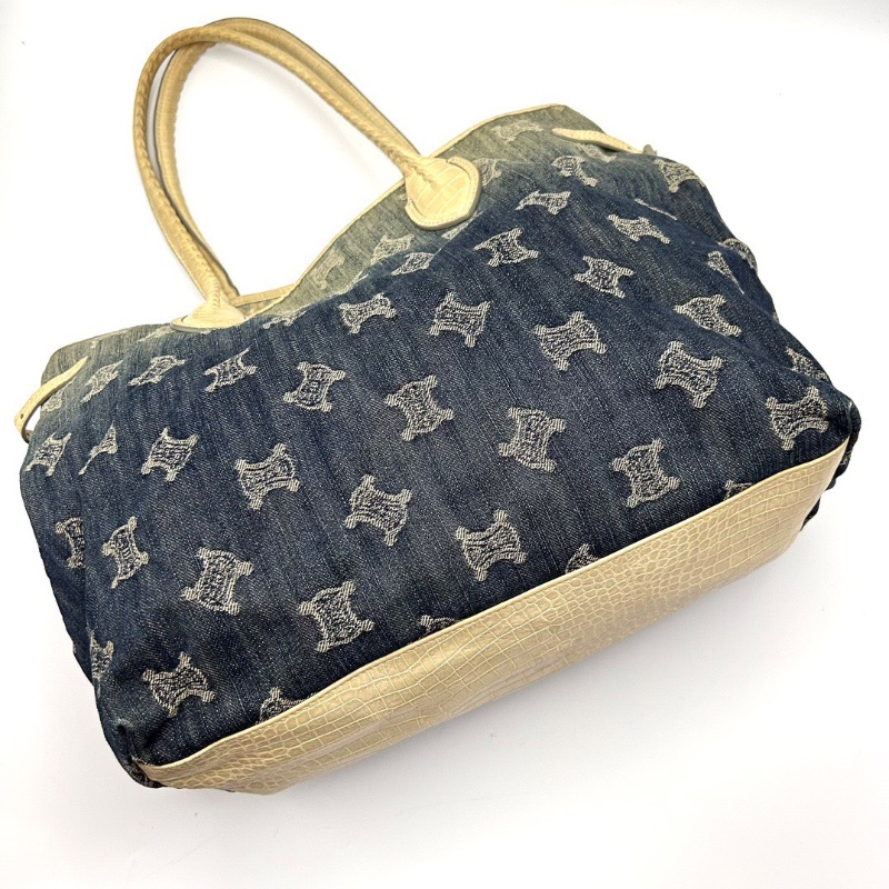 CELINE 牛仔帆布拼皮漸變 手提腋下托特包35*29*13 98新配件塵袋-5