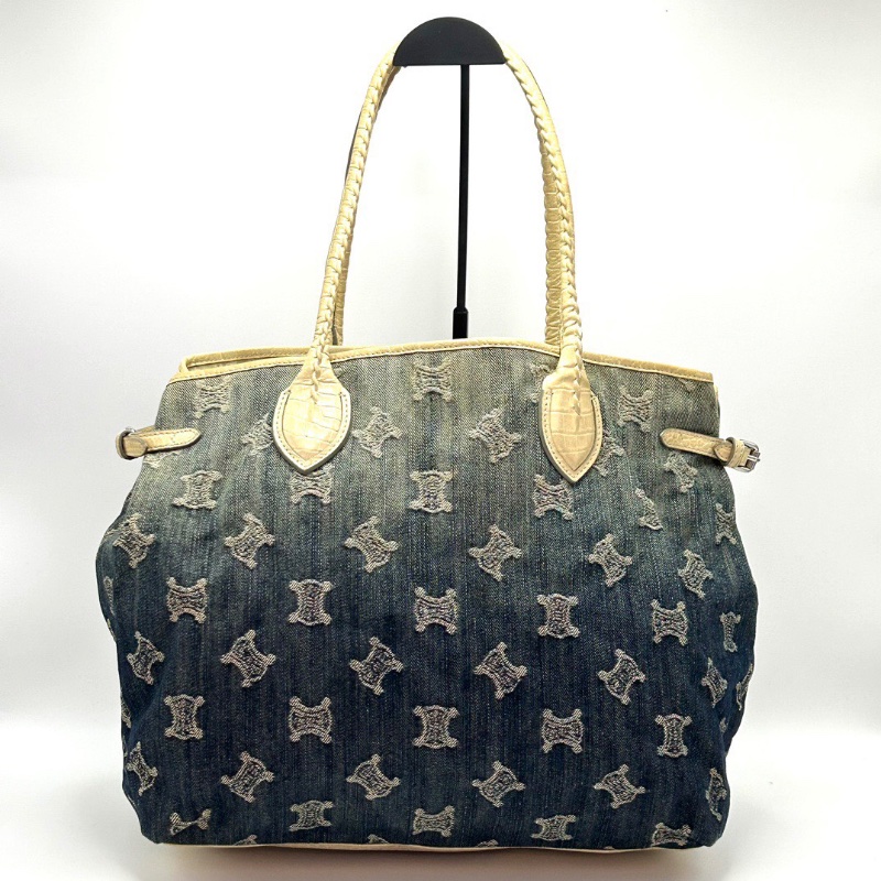 CELINE 牛仔帆布拼皮漸變 手提腋下托特包35*29*13 98新配件塵袋-6
