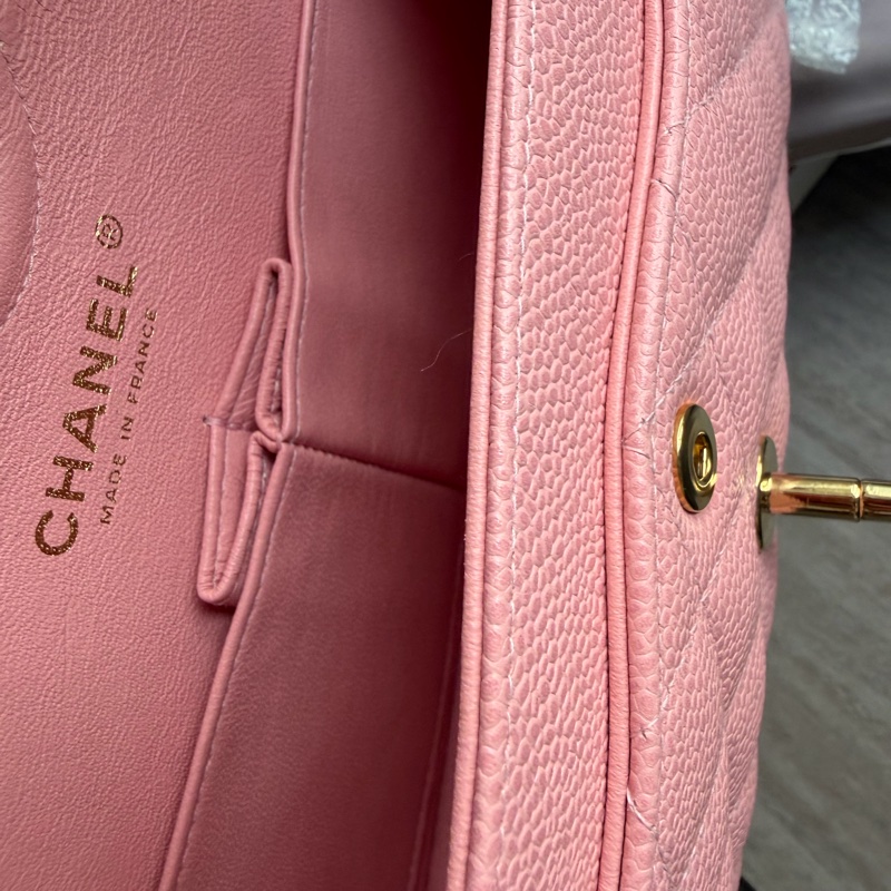 Chanel Vintage 24K金 CC扣 櫻花粉紅色 魚子醬 Small CF Classic flap-5
