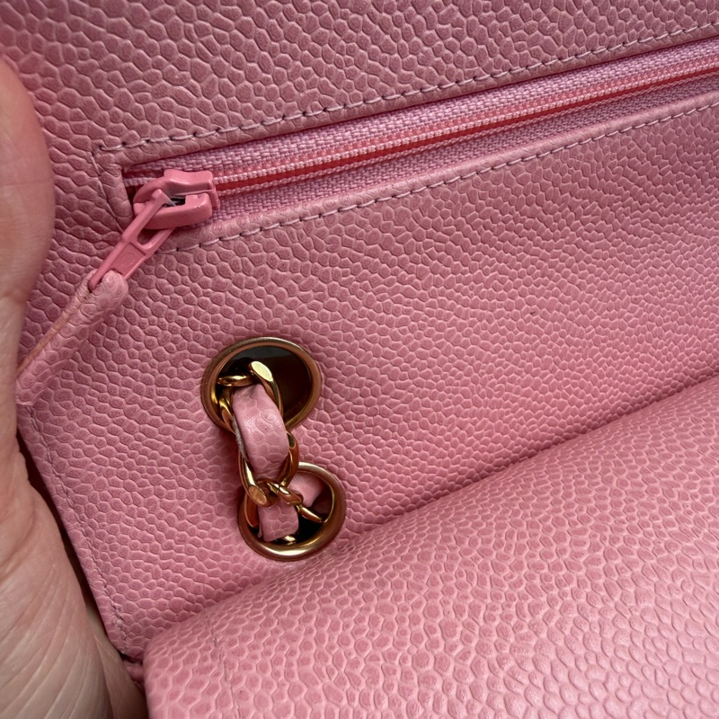 Chanel Vintage 24K金 CC扣 櫻花粉紅色 魚子醬 Small CF Classic flap-7