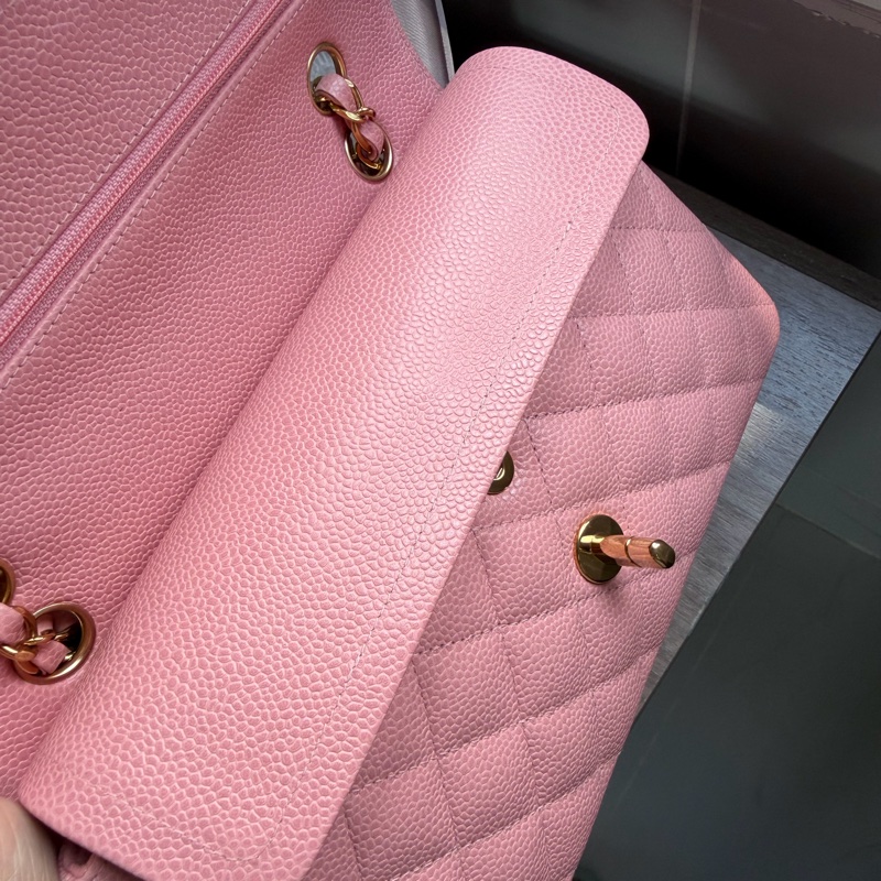 Chanel Vintage 24K金 CC扣 櫻花粉紅色 魚子醬 Small CF Classic flap-8
