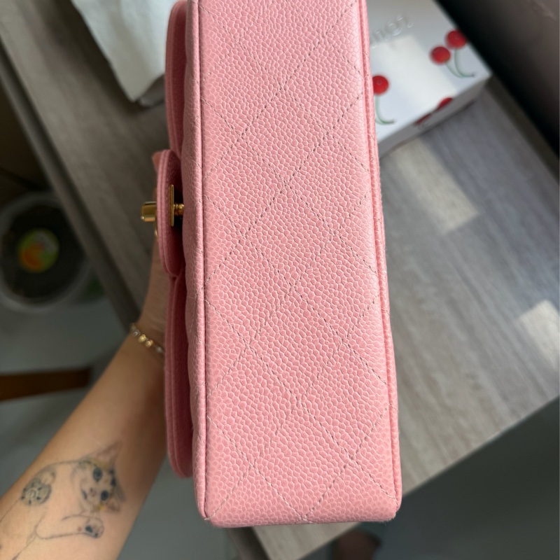 Chanel Vintage 24K金 CC扣 櫻花粉紅色 魚子醬 Small CF Classic flap-9