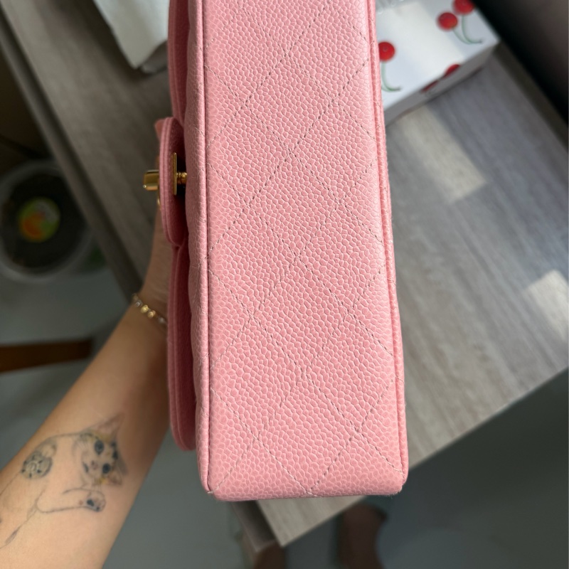 Chanel Vintage 24K金 CC扣 櫻花粉紅色 魚子醬 Small CF Classic flap-10