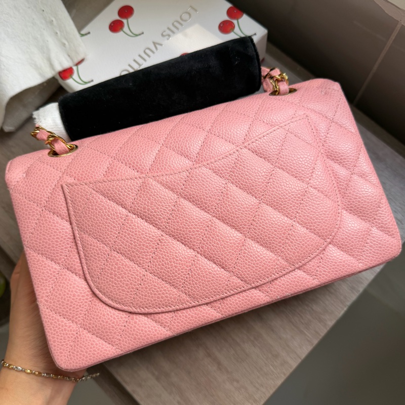 Chanel Vintage 24K金 CC扣 櫻花粉紅色 魚子醬 Small CF Classic flap-12