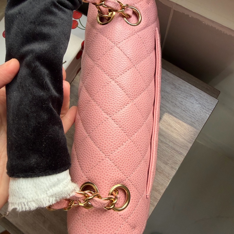 Chanel Vintage 24K金 CC扣 櫻花粉紅色 魚子醬 Small CF Classic flap-13