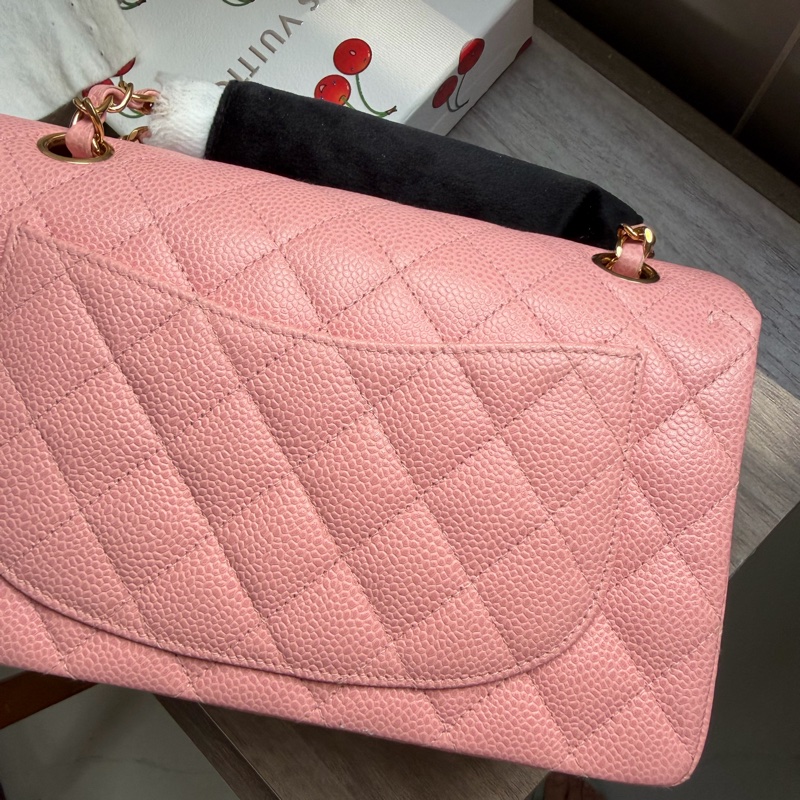 Chanel Vintage 24K金 CC扣 櫻花粉紅色 魚子醬 Small CF Classic flap-14