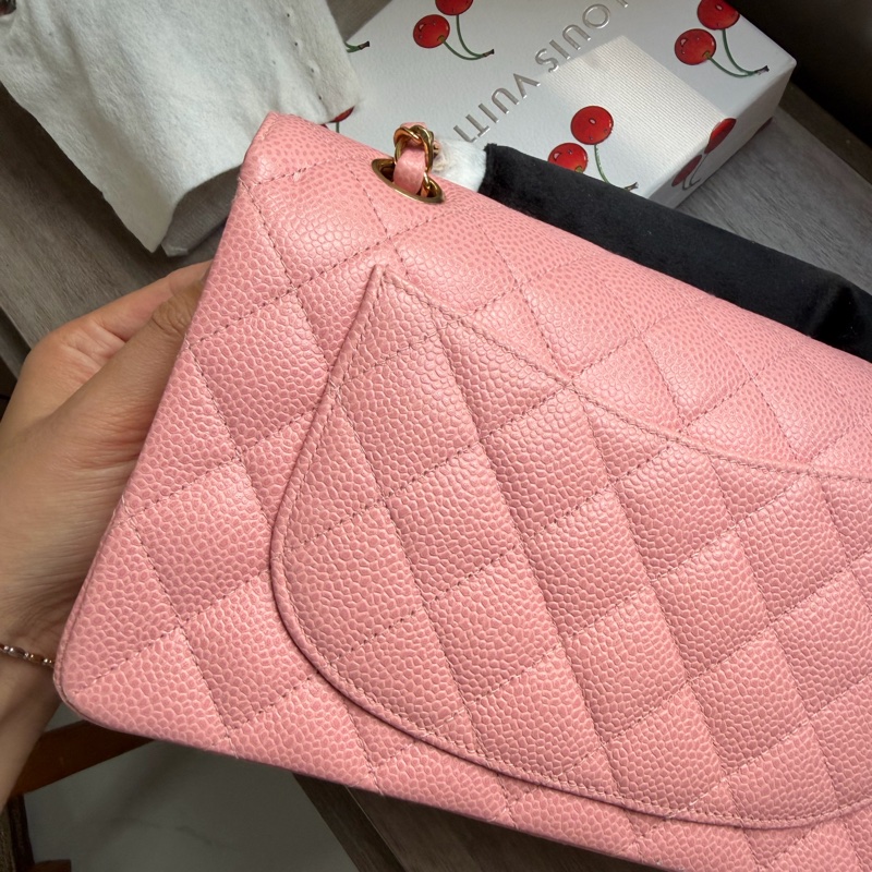 Chanel Vintage 24K金 CC扣 櫻花粉紅色 魚子醬 Small CF Classic flap-15