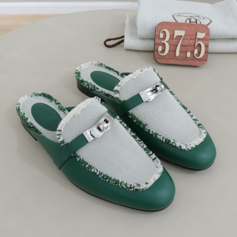 閒置新未使用 愛馬仕Kelly祖母綠拼色穆勒鞋女鞋， 37.5碼-0