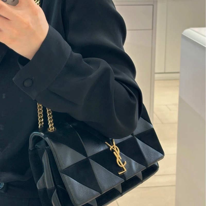 YSL聖羅蘭 Jamie墨綠色拼皮三角菱格鏈條包-7