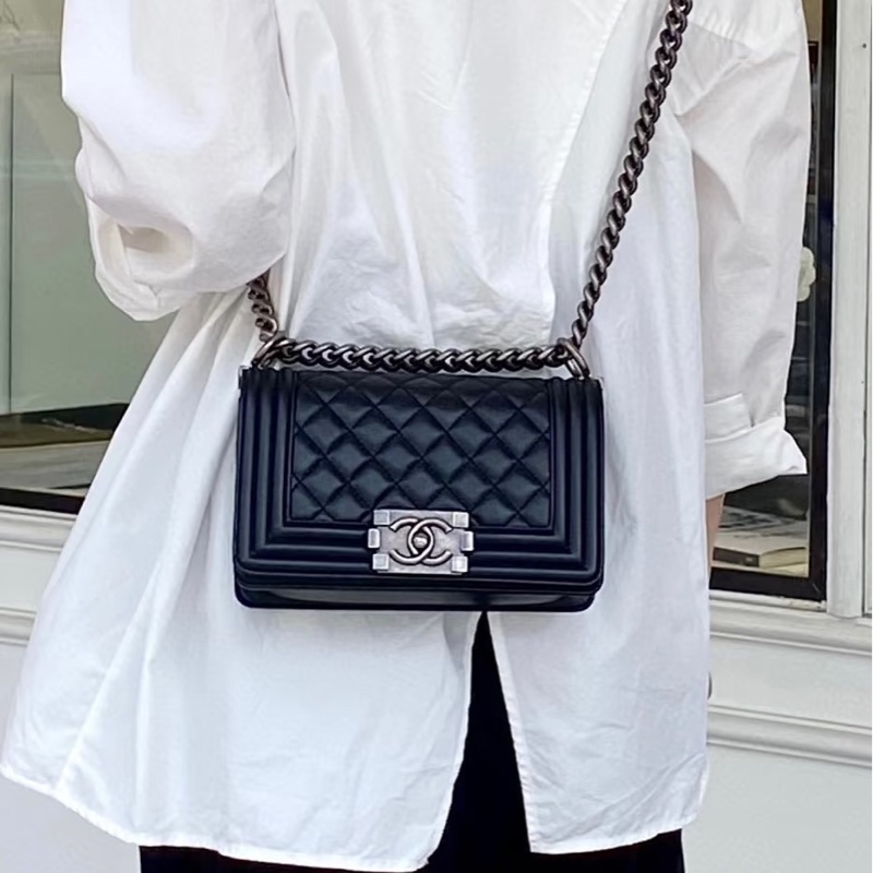 熱銷🔥全網最低價😍Chanel香奈兒黑銀菱格紋小號leboy20單肩斜挎包-0