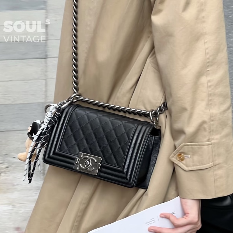 熱銷🔥全網最低價😍Chanel香奈兒黑銀菱格紋小號leboy20單肩斜挎包-5